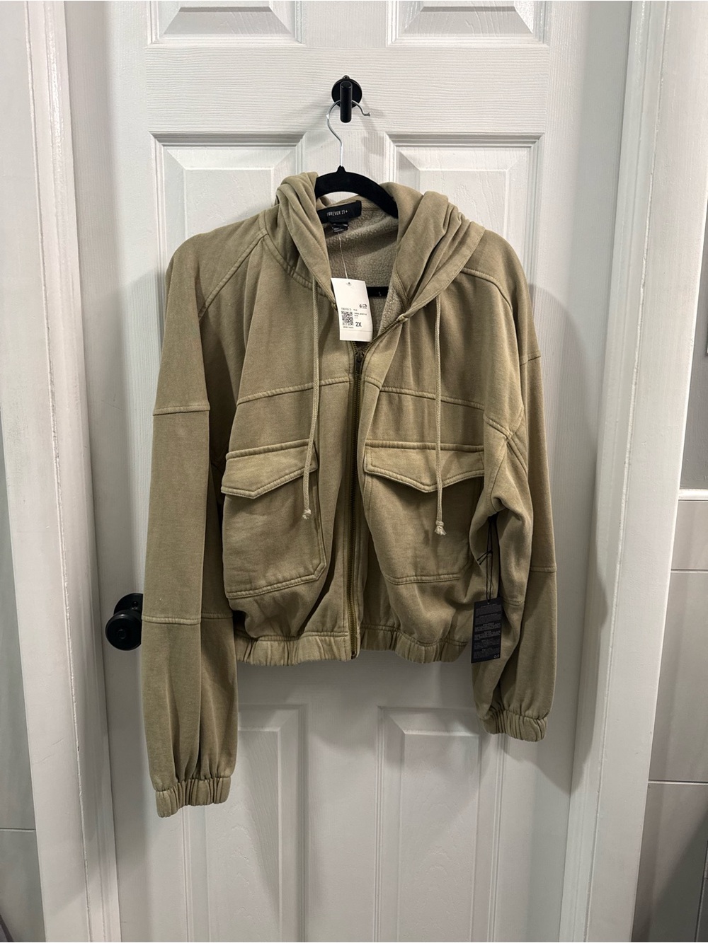 NWT Forever 21 Cropped Olive Hooded Zip Sweatshirt 2X